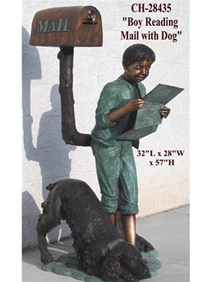 Bronze Boy Reading Mail with Dog