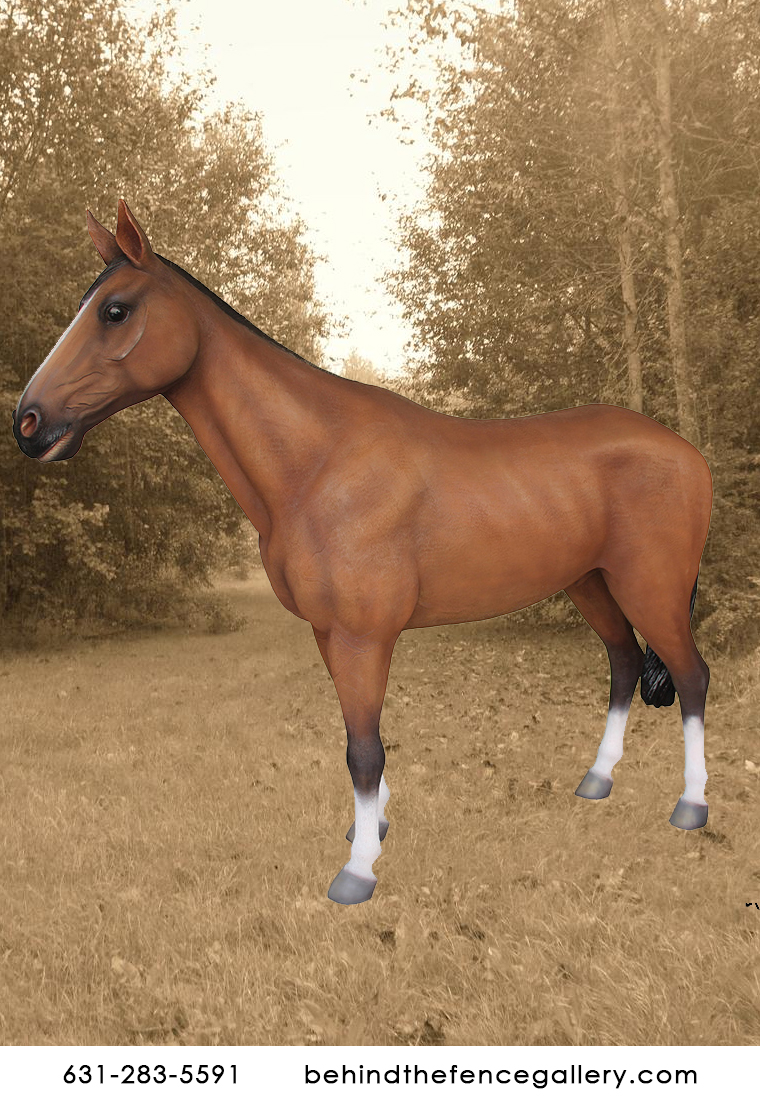 Brown Horse Life Size Statue Standing (Sculpted Hair)