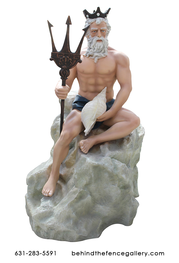 Neptune Sitting on Rock Statue Mythical Greek Sculpture