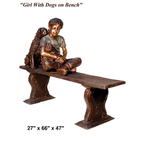 Bronze Boy with 2 Dogs on sitting on a bench