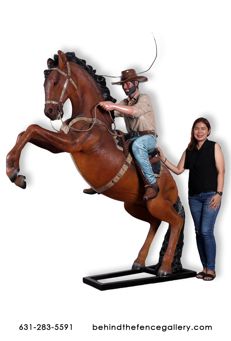 Cowboy Riding Stallion Statue
