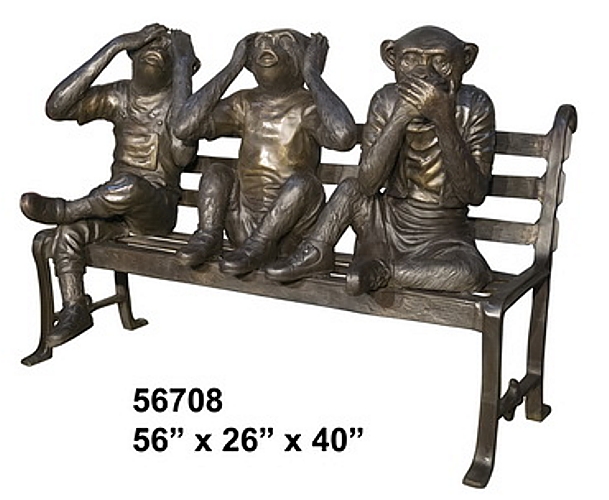 Bronze Three Monkeys on Bench - Click Image to Close