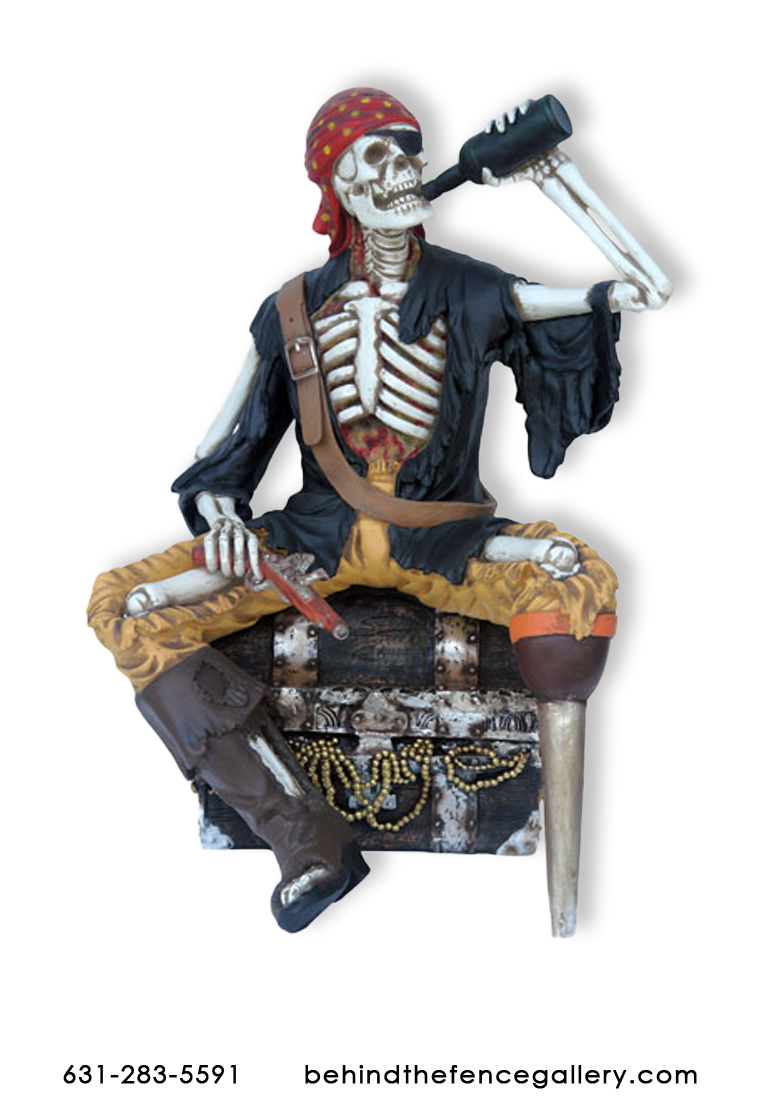 Skeleton Pirate Drinking Grog on Treasure Chest