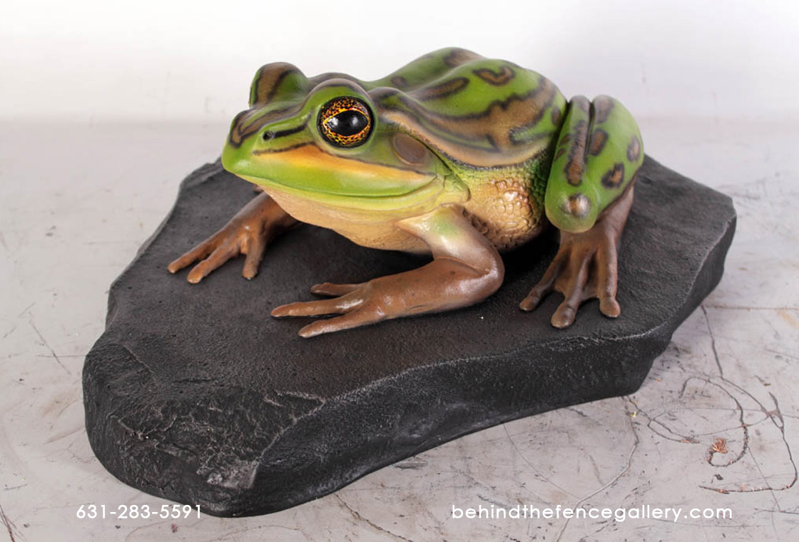Frog Statue Green and Golden Bell on Rock Reptile Replica