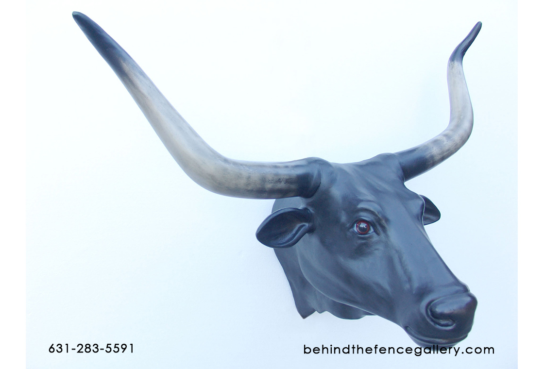 Black Bull Head with Long Horns Wall Mount
