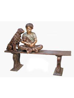Bronze Girl with Two Dogs Sitting on Bench