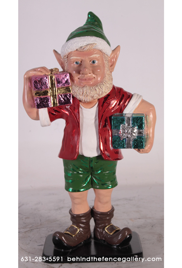 Christmas Elf with Two Gifts Statue - Click Image to Close