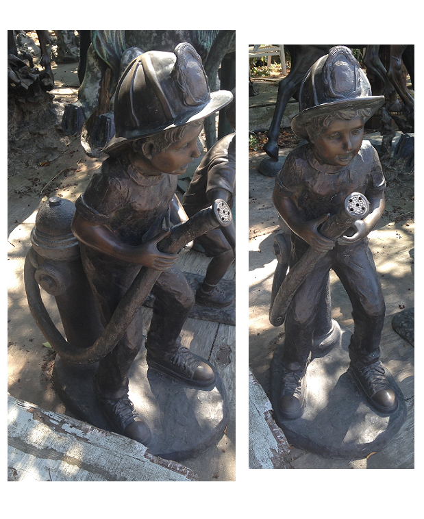 Bronze Boy playing Fireman with a Hose - Click Image to Close