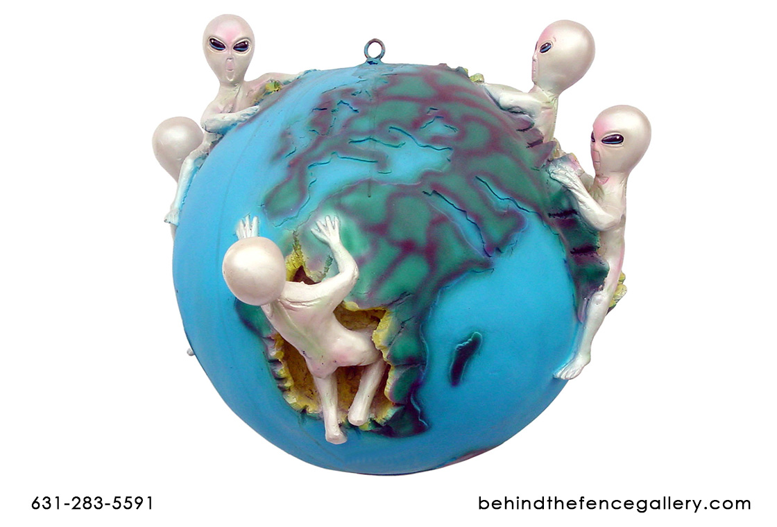Aliens Climbing on Globe Statue