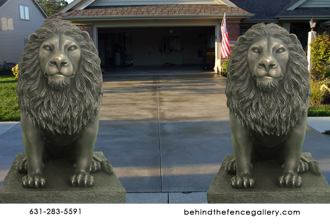 Pair of Sitting Lions With Base