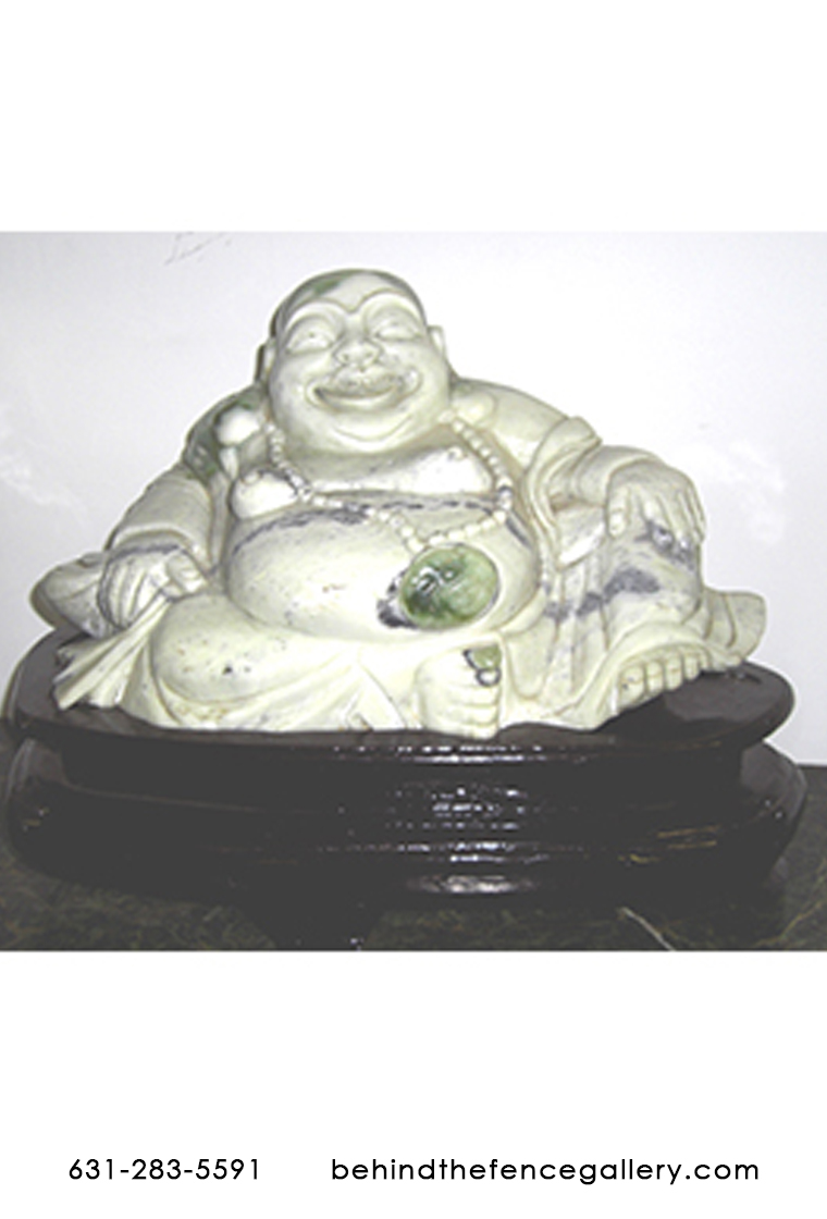 White & Green JADE sitting Buddha on wood pedestal